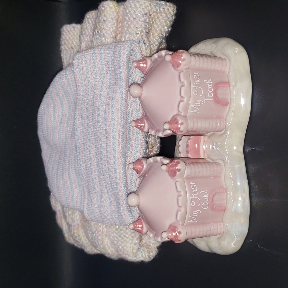 RUSS BERRIE Ceramic Pink Castle Trinket Box Set & Base "Baby Tooth & Curl"